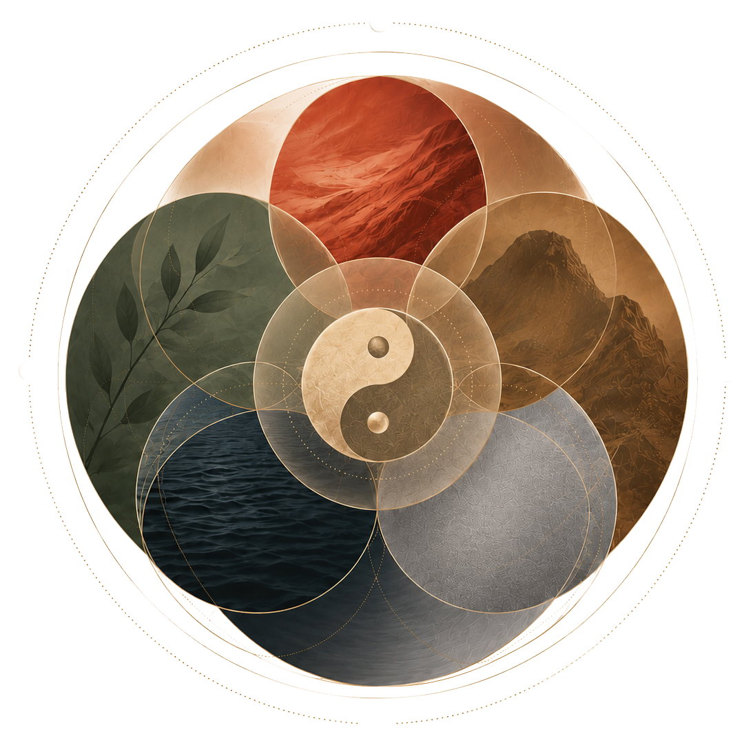 Five Feng Shui elements surrounding a yin-yang symbol